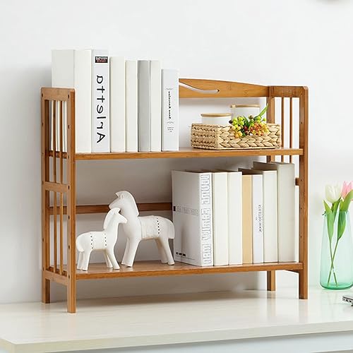 FPIGSHS Organizador de estantes de escritorio, estantería de escritorio de bambú con sujetalibros, organizador de estantes de escritorio (tamaño