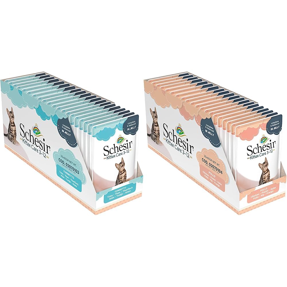 Schesir, Comida Húmeda para Gatitos, Sabor bacoreta en gelatina Blanda - Total 1,7 kg (20 Sobres x 85 gr) & Filete de pollo Cat Jelly Kitten, alimento húmedo para gatitos en gelatina, 20 bolsas x 85 g