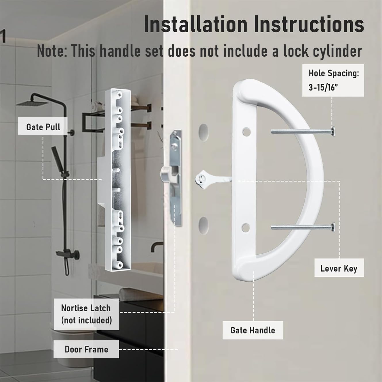 HOME MASTER HARDWARE Patio Sliding Glass Door Handle Set, Non-Keyed Sliding Patio Door Handles Replacement, White Diecast Slider Door Handle Fits 3-15/16 Hole Spacing for Mortise Style,1 Set