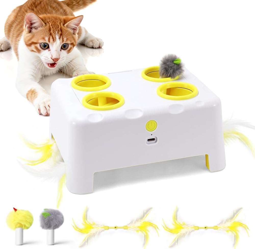 Interactive Cat Feather Toy Cheese Box 3in1 Whack a Mole | 3 Play Modes, Paw-Safe 4 Hole Whack-a-Mole, Anti-Slip Base, 4 Interchangeable Accessories, USB Rechargeable Auto Cat Toy