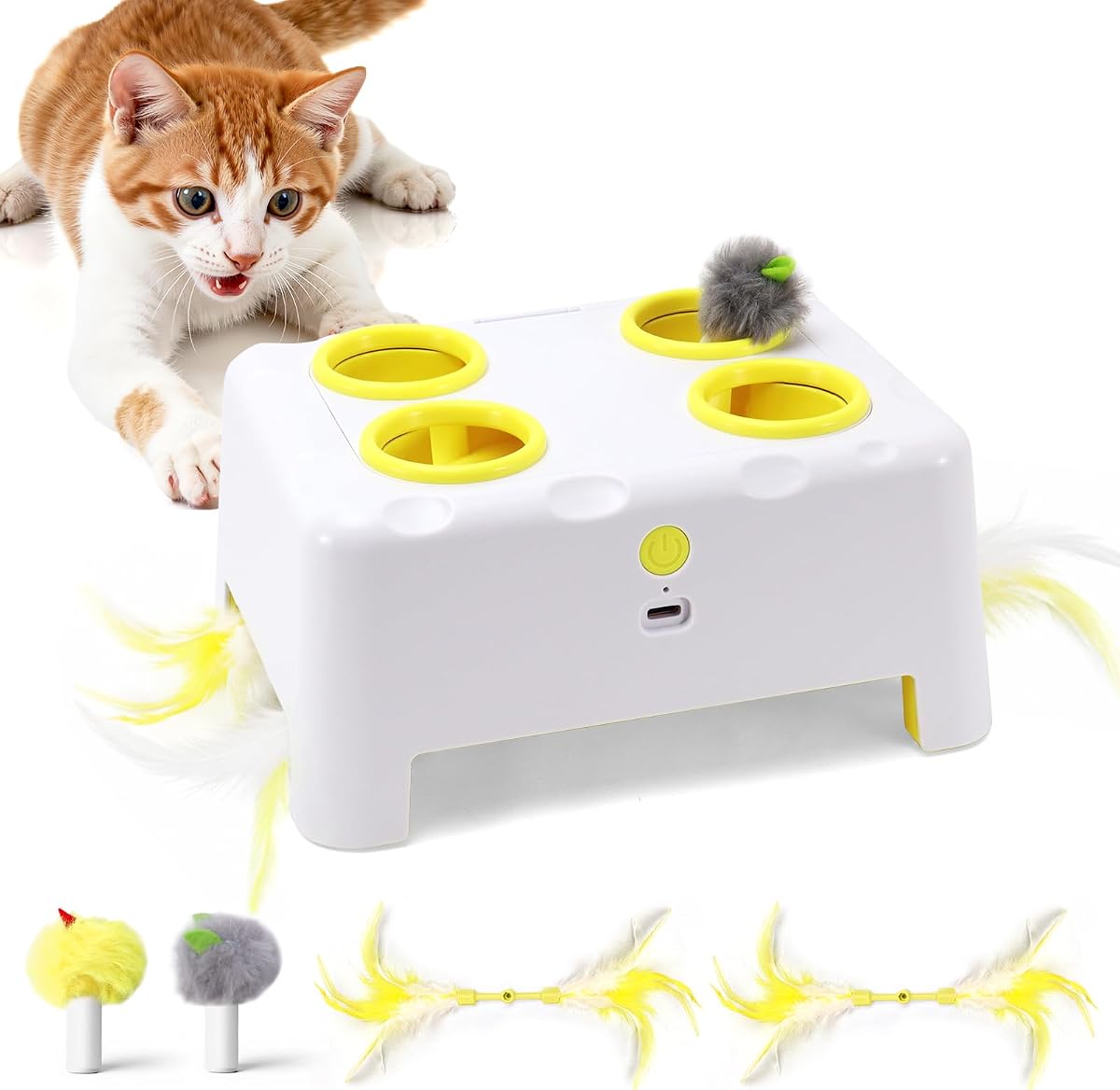 Interactive Cat Feather Toy Cheese Box 3in1 Whack a Mole | 3 Play Modes, Paw-Safe 4 Hole Whack-a-Mole, Anti-Slip Base, 4 Interchangeable Accessories, USB Rechargeable Auto Cat Toy