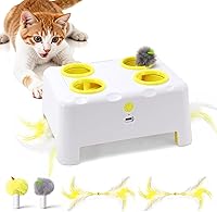 Vista 1 de Interactive Cat Toy for Indoor Cats, 3 Modes Feathers Toy, Rechargeable 4 Holes Mole Cat Toys, Cheese Box for Kitten, 4 Accessories (White)