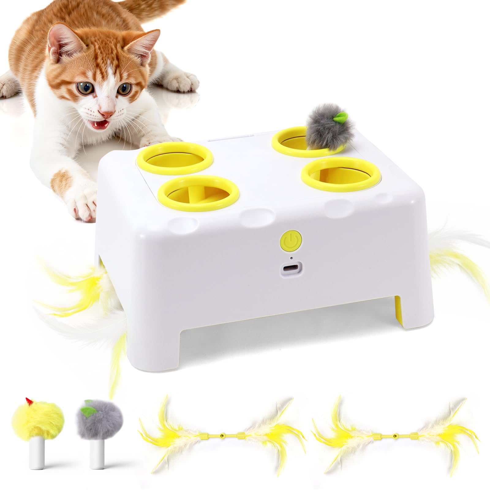 Giocattolo interattivo per gatti da interno, 3 modalità, con piume, ricaricabile, a 4 fori, scatola per formaggio per gattini, 4 accessori (bianco)