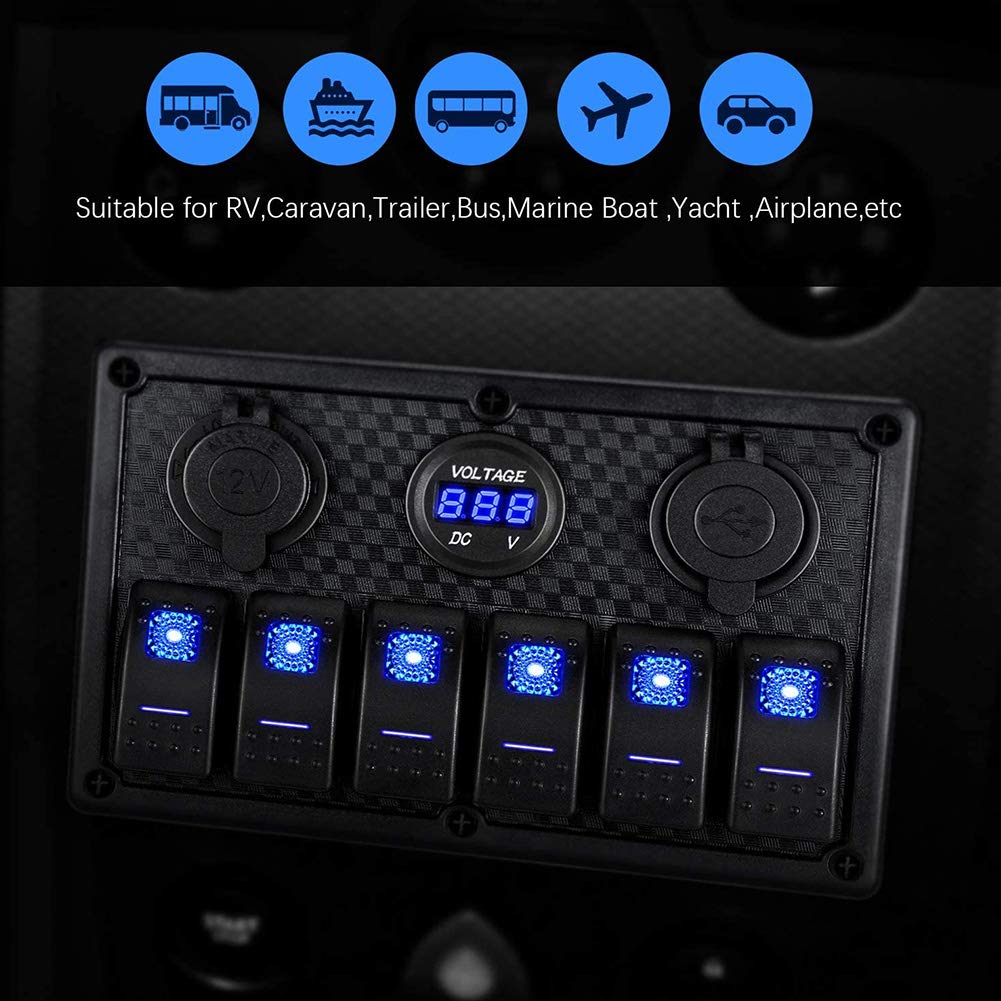 Naroote 6 Gang Rocker Switch Panel, Wodoszczelny Panel Przełączników, | Trwały, z okablowaniem ułatwiającym instalację, kompatybilny z napięciem 12 V–24 V, zawiera dwa porty USB
