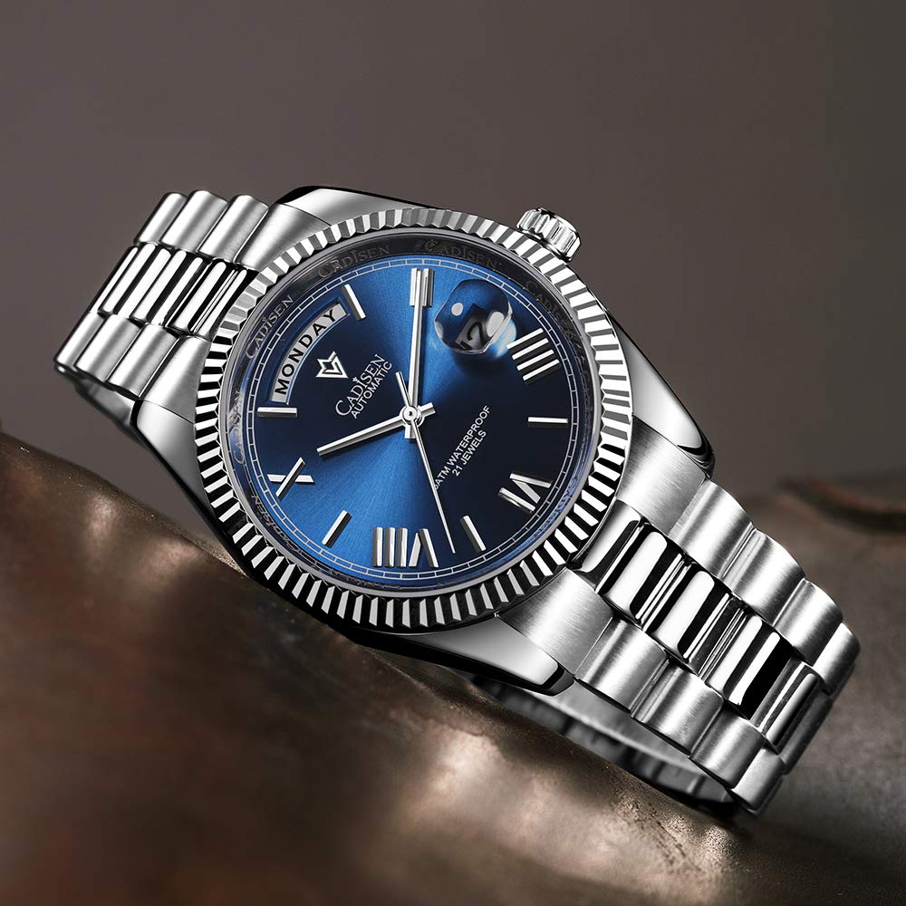 CADISEN Reloj automático para Hombre con Reserva de Marcha automática, Cristal de Zafiro, Resistente al Agua, Correa de Acero Inoxidable.