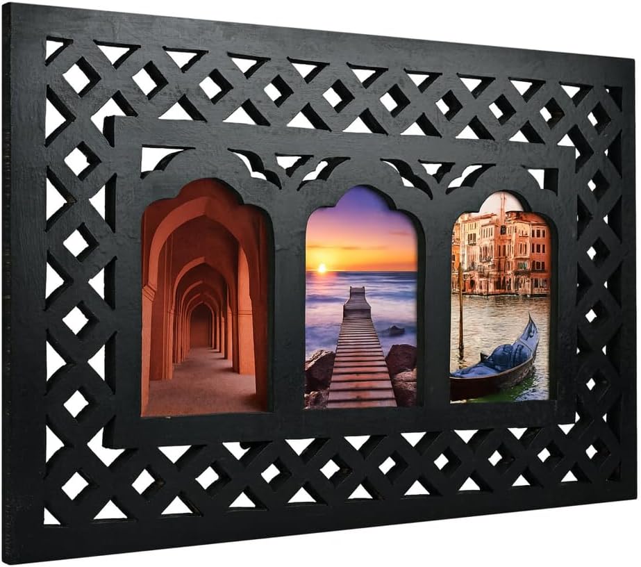 Hand-Carved Black Rustic Wooden Triple 4x6 Photo Frame - Vintage Wall Collage for Living Room, Bedroom, Office Decor
