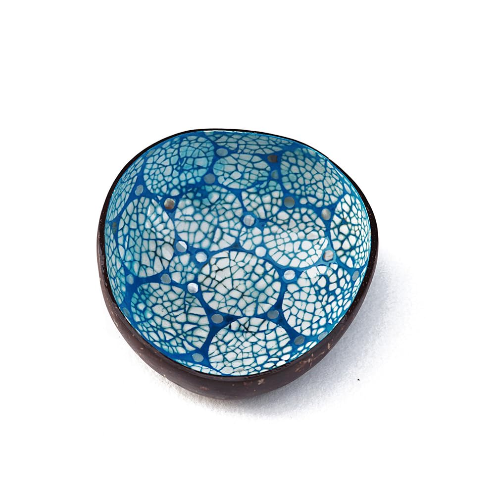 Hiseng Hand Painted Natural Coconut Bowl - Classic Prints Decorative Storage for Keys, Hallways, Jewellery, Nuts, Candy (Blue)