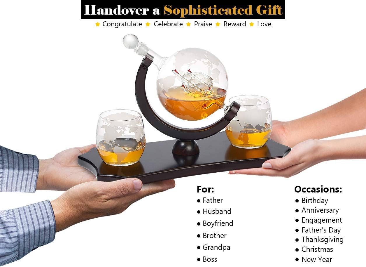 Globe Whiskey Decanter Set - + 2 Whisky Glasses on Rich Wood Classic Mahogany Base Tray - Gift Packaging - Antique Ship Whiskey Dispenser for Liquor Scotch Bourbon - Christmas Holiday Gift