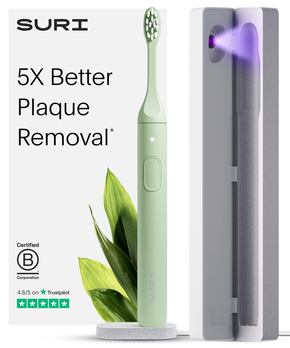 1.0 Sonic Electric Toothbrush with UV Cleaning Travel Case | 1 Month+ Battery | Designed in California | Electric Toothbrush for Adults | Travel Toothbrushes | Tooth Brush | Green