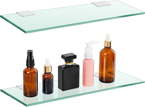 Miniatura 1 de Tatuo Estante de baño de 2 piezas de vidrio templado para baño, acero inoxidable 304, estantes de vidrio flotante (23.6 pulgadas)