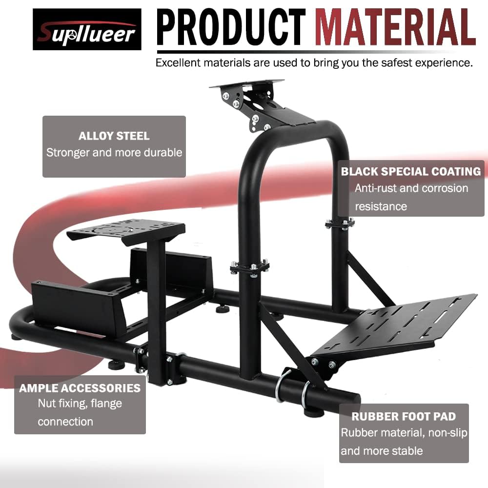 Supllueer Racing Simulator Cockpit Upright Stable fit for Logitech,Thrustmaster,Fanatec, G27 G29 G920 G923 T300RS F458 T500R, 50mm Round Tube Racing Wheel Stand without Wheel Pedal Shifter Seat