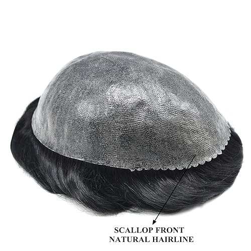 Miniatura 4 de Sistema de peluquería para hombres piezas de cabello humano real completo 0.004 in PU piel hombres sistemas de reemplazo de cabello súper natural