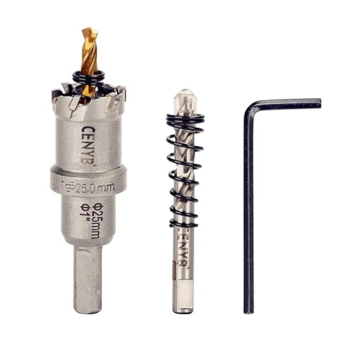 Miniatura 85 de 1" (25.5mm) Sierra perforadora con punta de carburo de tungsteno con 2 piezas de brocas piloto chapadas en titanio para metal duro, acero