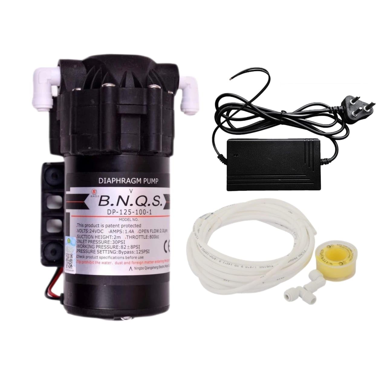 B.N.Q.S Booster Pump 100 GPD with 24v A.C to D.C 2.5 Amp. Adapter, two Connectors, R.O Pipe 2 Mtr., Teflon | 100% Copper Wire Winding | Highly Durable, 90 PSI, 1.8 LPM, Black