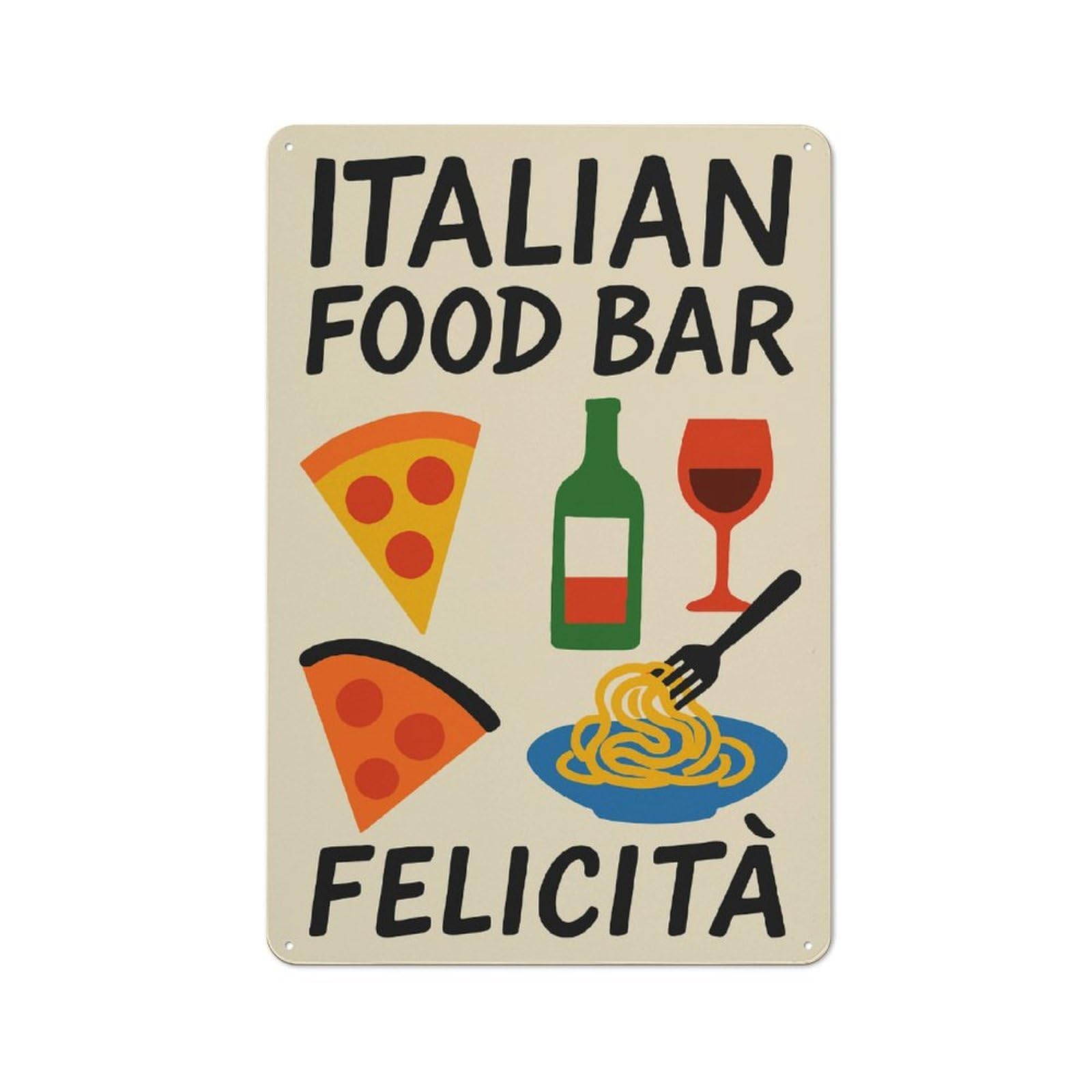 Junmoney Style-23 Metal Sign 30X20cm With Italian Food Bar Felicità Illustration For Hallway Wall, Retro Decor, Gift For Hallway Decor Lovers During The Christmas Season