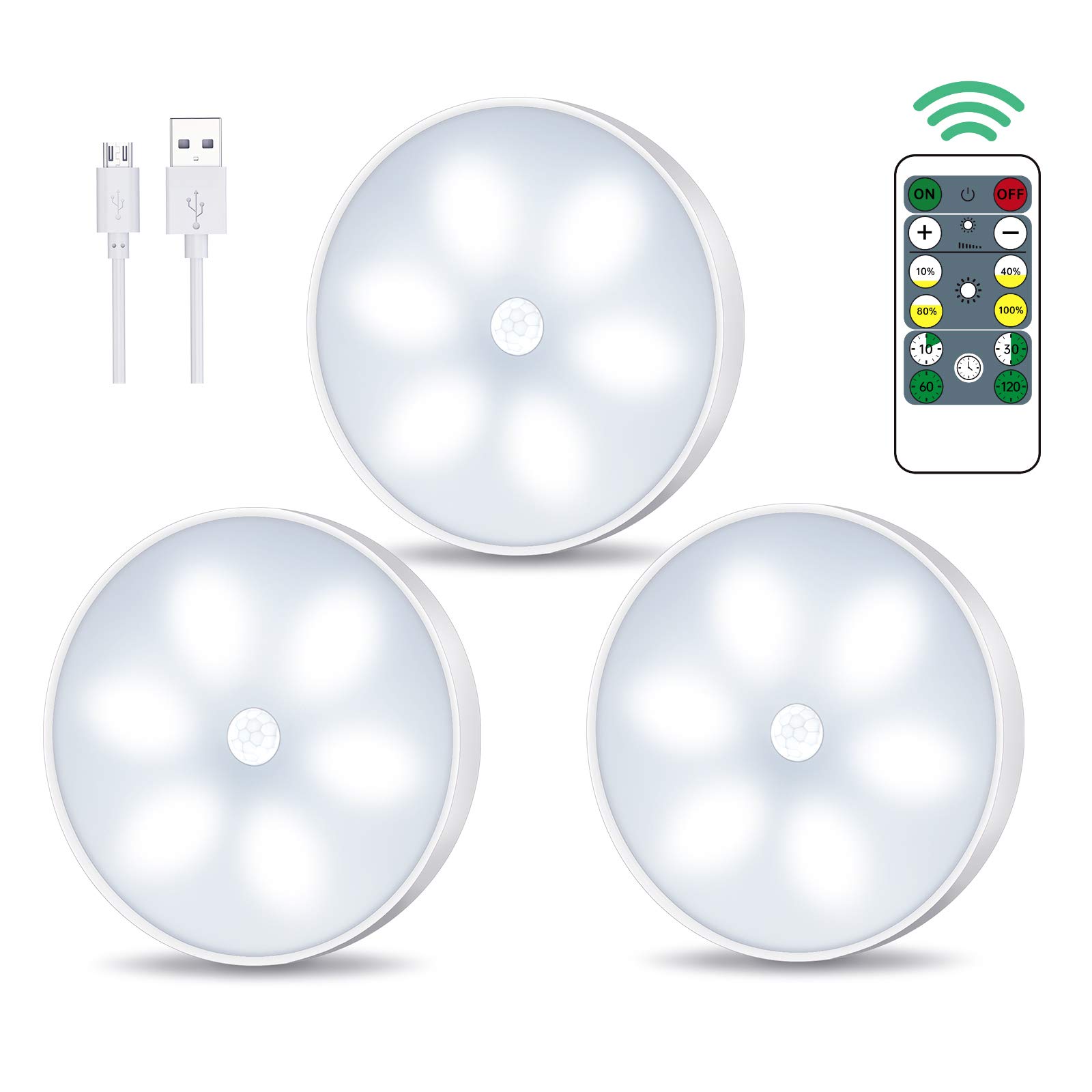 Smart LED Night Light with Motion Sensor,LED Cabinet Lighting with Remote Control,USB Rechargeable Cabinet Light with Auto/On/Off Modes Intelligent Interior Lighting (3 Pack)