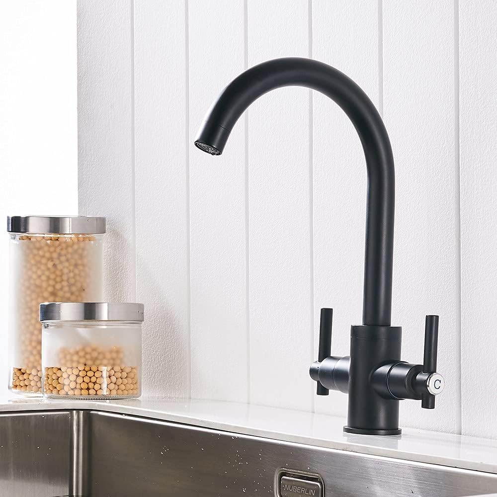 Heable Kitchen Mixer Tap Dual Lever Monobloc Swivel Spout Matte Black