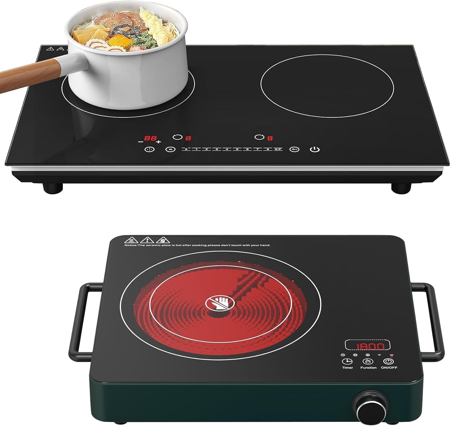 VBGK Double Induction Cooktop and Single Electric Stove Top Burner, 110V Electric Burner with 9 Heating Level,LCD Touch Screen,Child Safety Lock & Timer