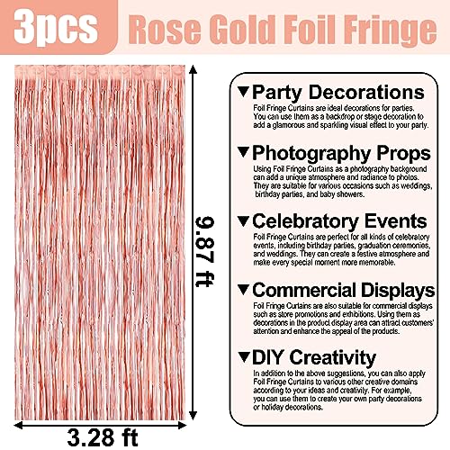 Image of 3 Pack Rose Gold Foil Fringe Curtain Backdrop, 3.28Ft x 9.8Ft Metallic Tinsel Foil Fringe Streamer Curtains for Photo Booth, Christmas Day, Thanksgiving, Wedding, New Year Party Decorations