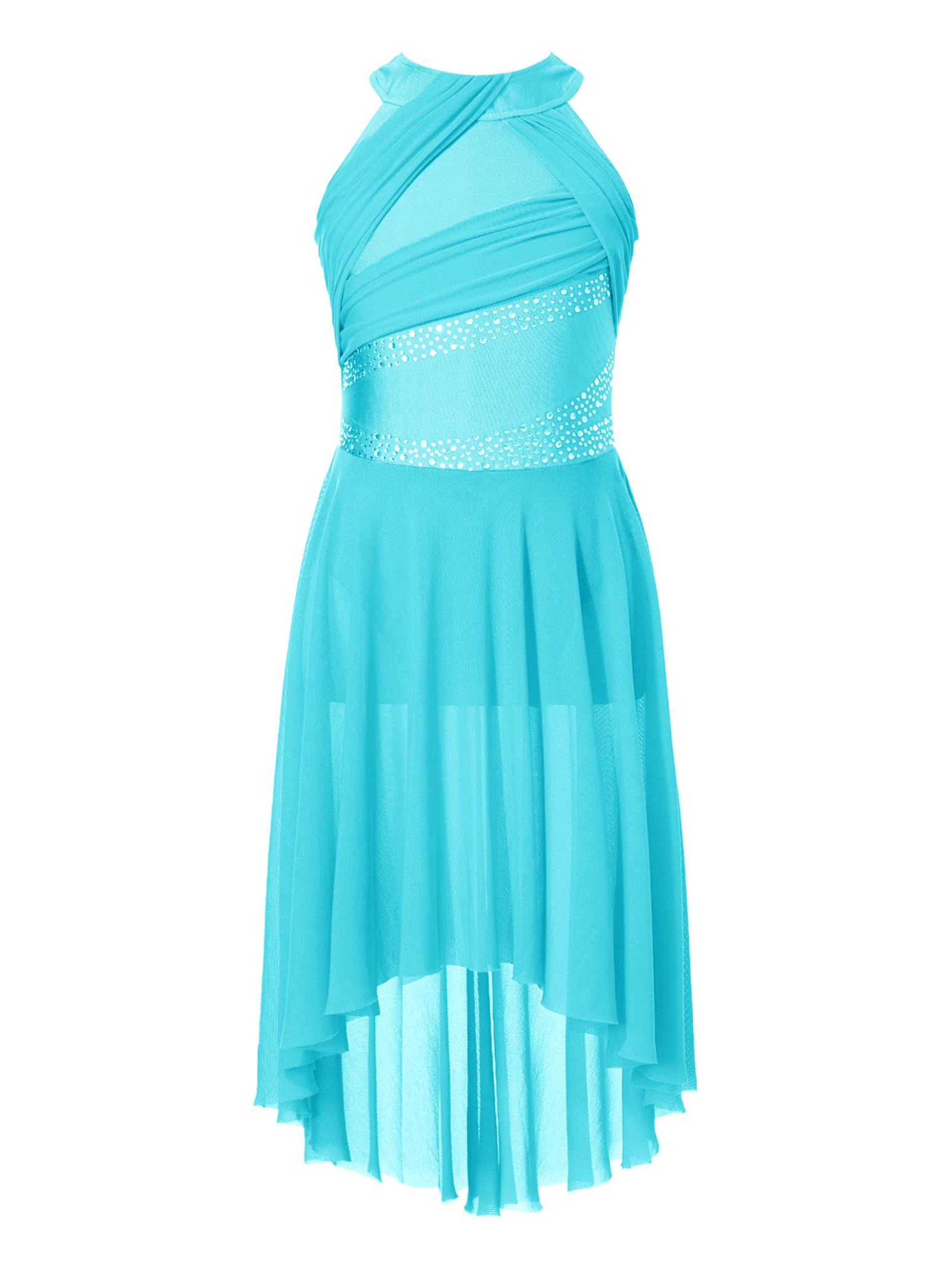 Winnrchan Kids Girls Rhinestones Halter Neck Lyrical Dance Dress Ballet Tulle Leotard Dress Hi-Lo Contemporary Dance Costume