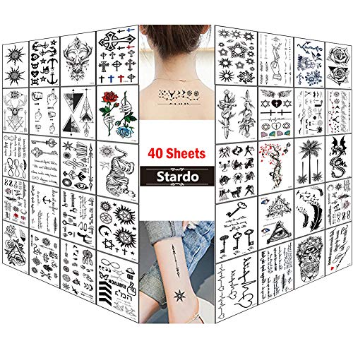 Small Tattoos Black Realistic Temporary Tattoos for Women Men Adults Waterproof Tiny Fake Tattoos Body Stickers Word Cross Anchor Flower Temp Tattoo Paper Finger Neck Wrist Ankle Tattoo (40 Sheets)