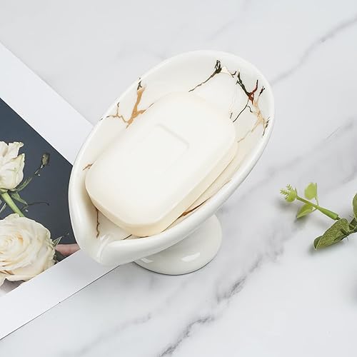 Miniatura 7 de Jabonera autodrenante de cerámica blanca con cepillo de mármol, soporte de jabón dorado, jabonera de cascada para jabón de barra, para baño, ducha,