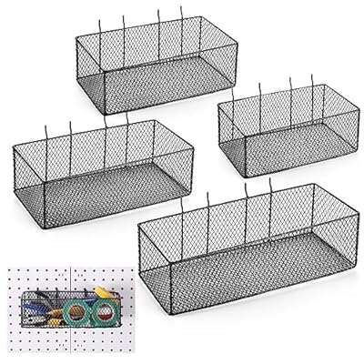 Norme 4 Pack Pegboard Baskets Set 4 Size Metal Wall Organizer Square Style Wire Pegboard Bins Wall Mount Peg Board Tool Organization for Workbench Accessories Garage Storage(Black)