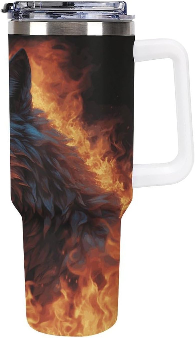 Wolf Surrounded by Fire Tumbler 40 Oz with Handle&Lid Large Car Cup Stainless Steel Vacuum Travel Mug Insulated Water Bottle Leak-proof Portable Coffee Cup for Home Car Outdoor