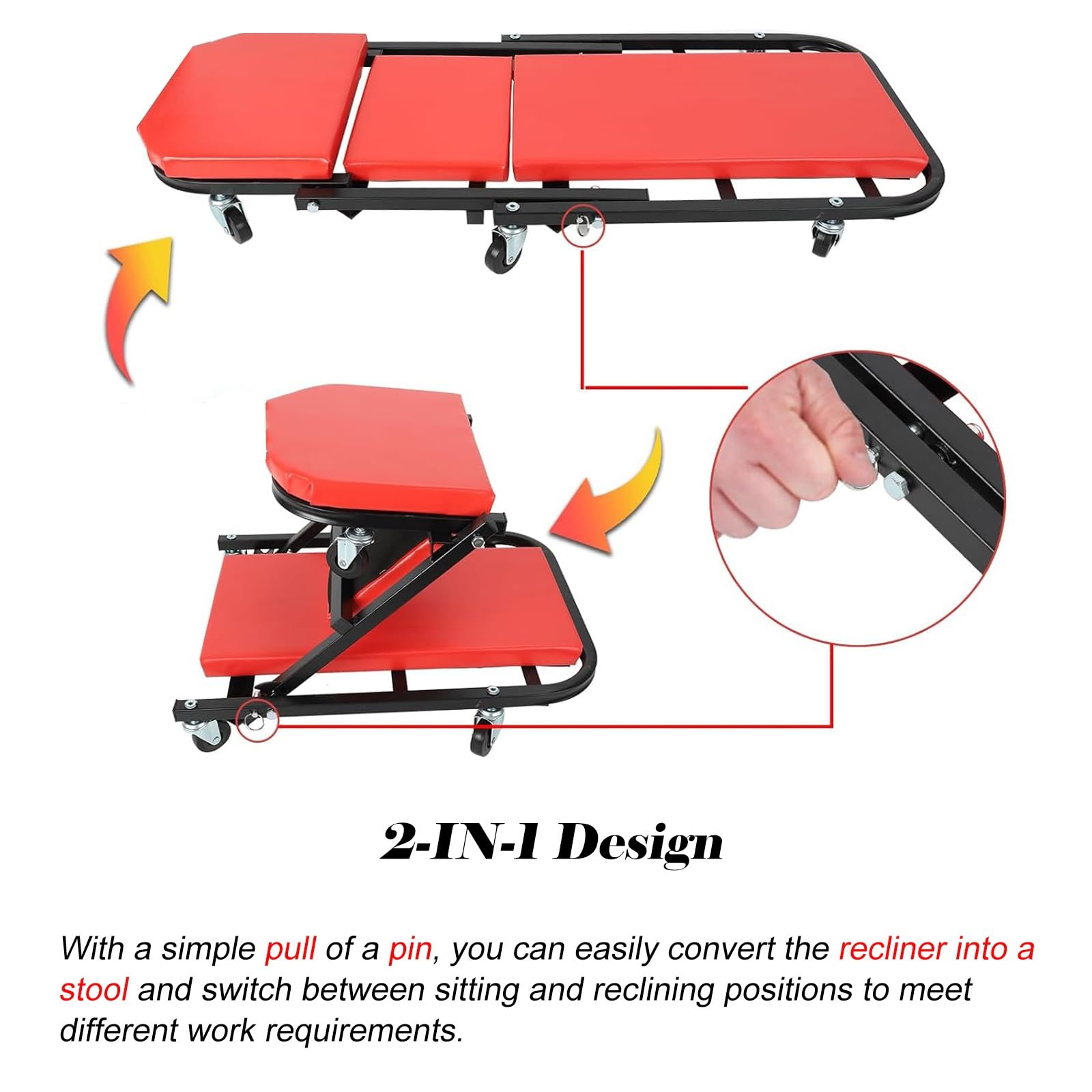 Creeper automobilistico pieghevole in acciaio con 6 rotelle, design 2-IN-1 Rosso, Creeper meccanico portatile da 39,4 pollici di lunghezza per garage/officina di riparazione (Rosso con rotelle 14 cm/