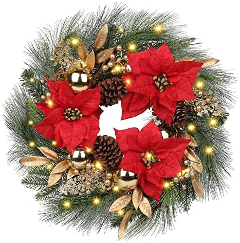 Christmas Wreath 26" Artificial Wreath Ornament with LED Lights Artificial Poinsettia Pinecone Berries for Party Table Fireplaces Porch Walls New Years Home Decor (Style 4)