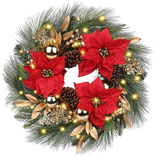 Christmas Wreath 26" Artificial Wreath Ornament With Led Lights Artificial Poinsettia Pinecone Berries For Party Table Fireplaces Porch Walls New Years Home Decor (Style 4) #TOP4