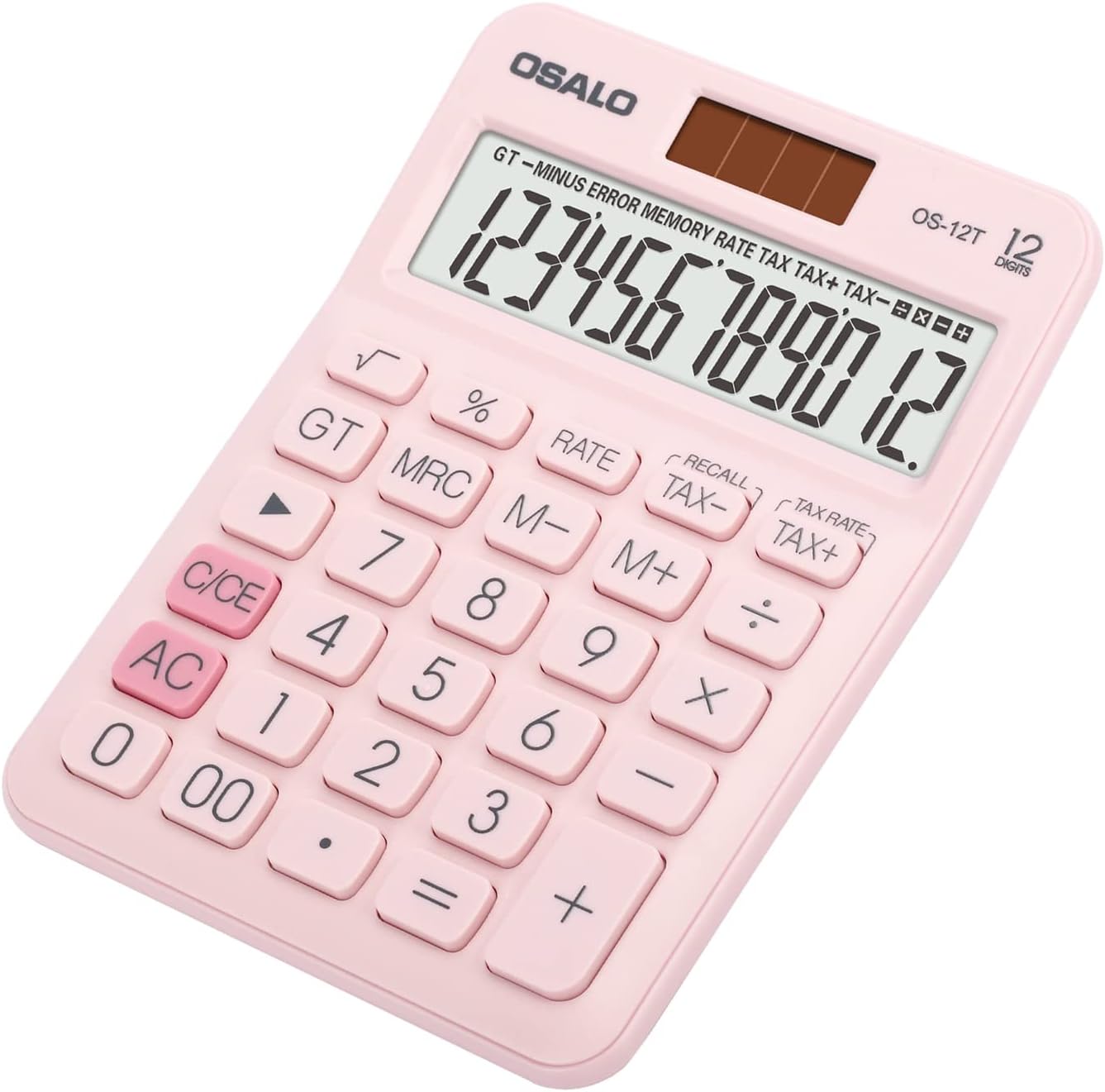 Desktop Calculator, Large LCD Display, 12 Digit Number, Big Buttons, Tax Accounting Calculator, Battery Operated, Solar Powered, for Desk, Office, Home, Business (OS-12T, Pink)