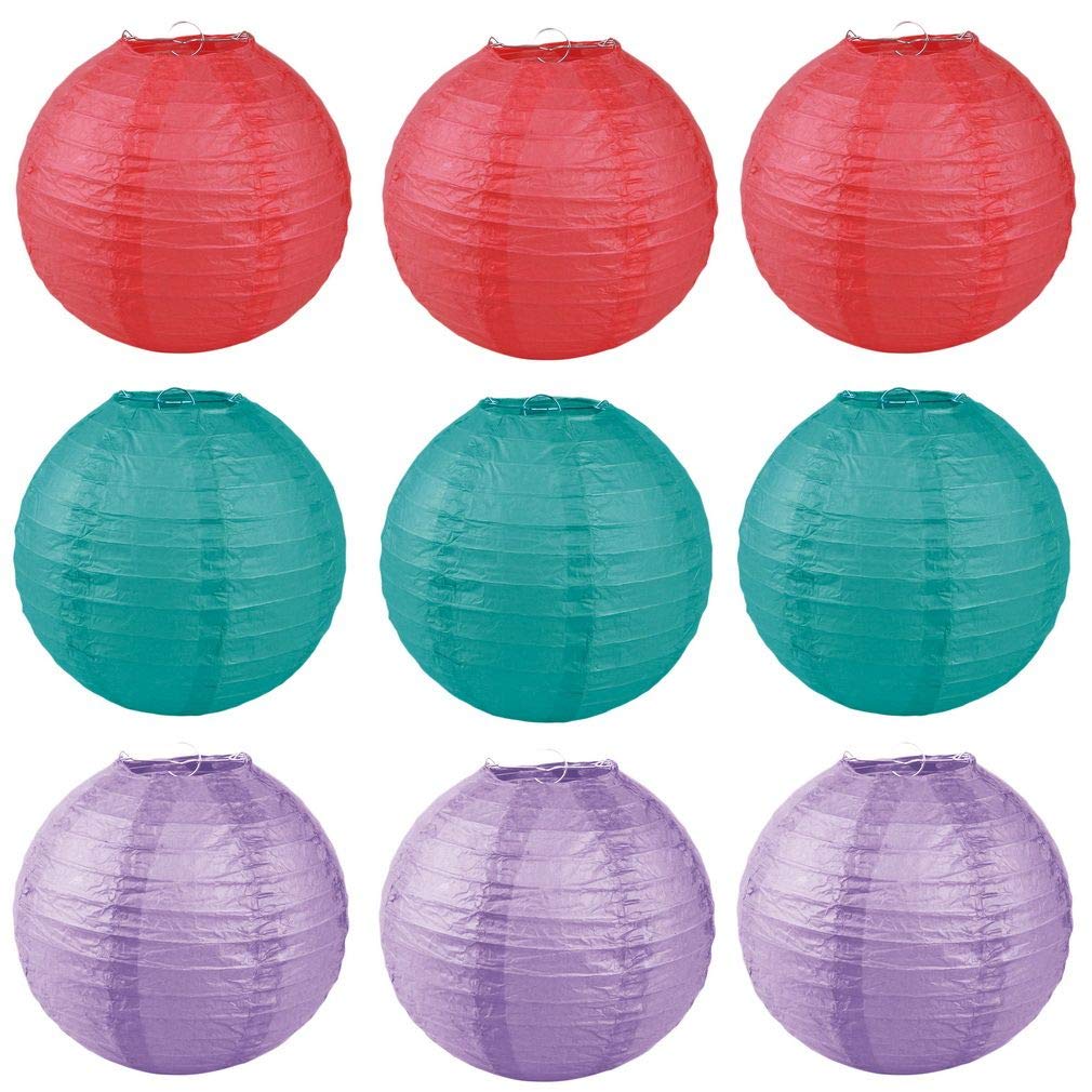 Xiang Ru 9PCS Round Chinese Paper Lanterns Decorations for Weddings Parties Light Blue+Light Purple+Red 10CM (3.94")