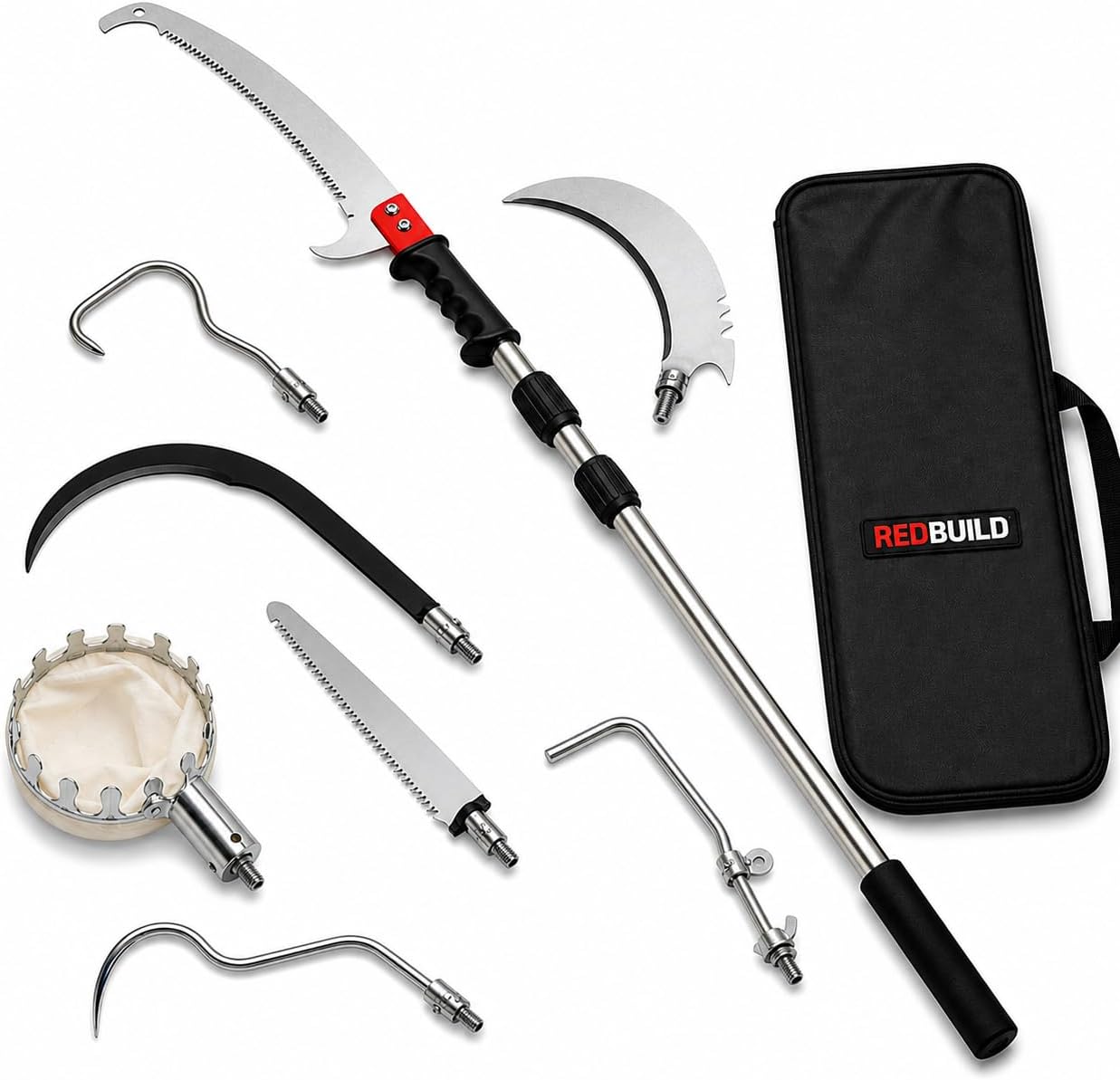 RedBuild 7-in-1 Tree Cutter Tool with 3M Telescopic Pole | Tree Branch Cutter with Long Stick | Branch Cutter for Tree Heavy Duty | Fruit Picker, Thotti, Sickle Cutter, Hook, Pruning Saw