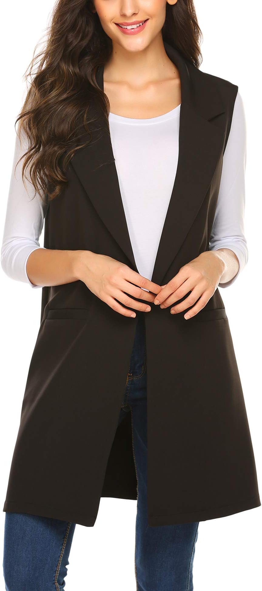 Meaneor Long Black Vest Sleeveless Dusters for Women Longline Vest Duster Blazer Jacket Coat (S, Black(FBA))