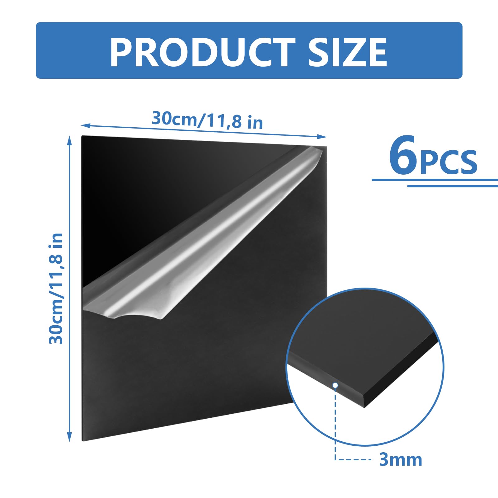 Placas de Vidrio Acrílico Negro 300 x 300 x 3 mm con Lámina Protectora para Carteles - Plexiglás