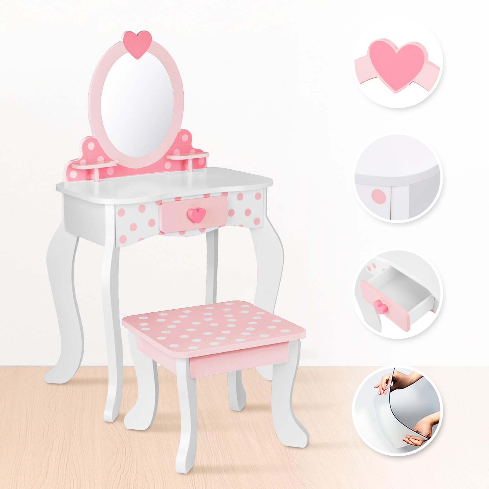 OOOK Coiffeuse pour Enfants, avec Table, Chaise et Miroir (Comprend 15 Accessoires de Maquillage différents, Rose)