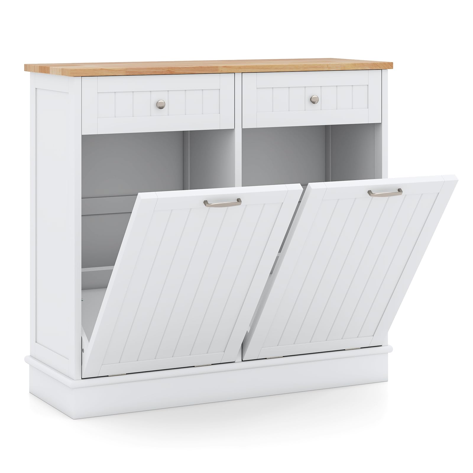 COSTWAY Tilt Out Trash Can Cabinet, Free Standing Laundry Hamper with 1/2 Tilting Out Doors, Pull-out Drawers & Bamboo Cutting Board, Kitchen Recycling Waste Sideboard, Bin Not Included (2 Doors)