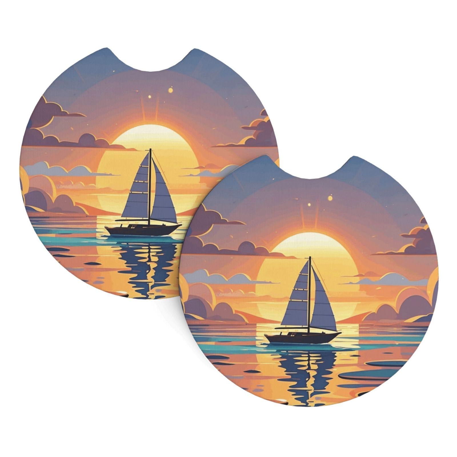2 Pack Car Coaster for Cup Holders Sunset and Sailboat Car Cup Coaster 2.7" Neoprene Non-Slip Automotive Cup Mat Universal Auto Car Interior Accessories for Women Men Cup Pad