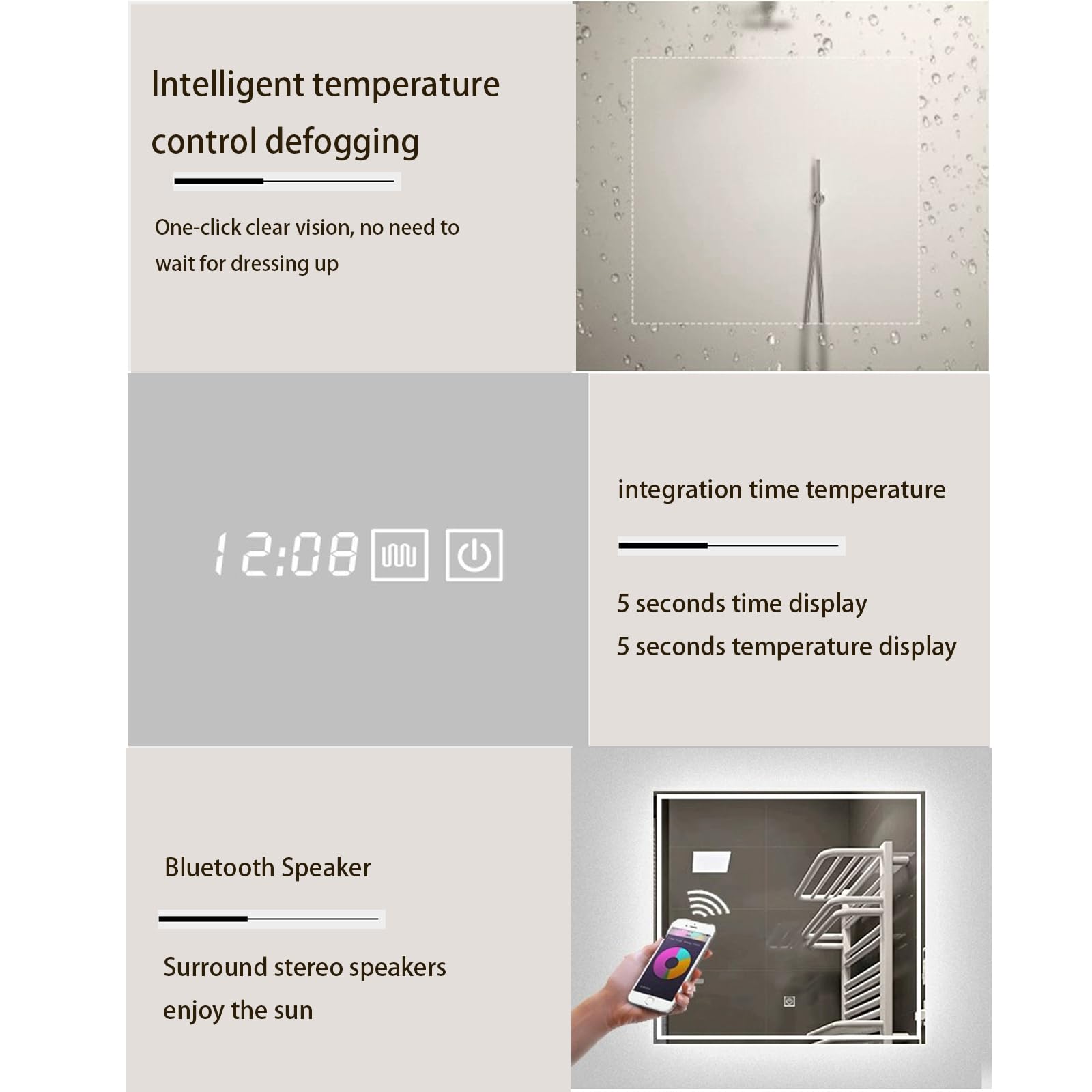 Smart - Espejo de baño LED cuadrado montado en la pared con Bluetooth, función de desempañamiento e inducción del cuerpo humano, 80 x 80 cm, mejora tu experiencia Vani