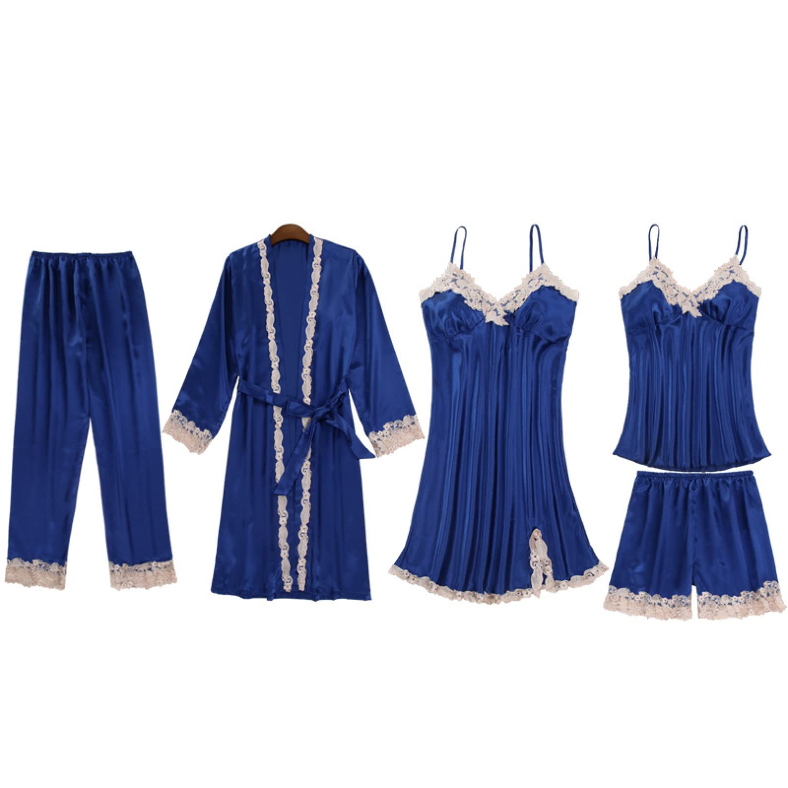 CFWSHJ Conjunto de Pijama de Mujer Ropa de Dormir Ligera de Manga Larga Camisones de satén de Seda Ropa de Dormir de Encaje Sexy Otoño Invierno X Azul Marino 5 Piezas-x (Azul Marino 3 Piezas M)