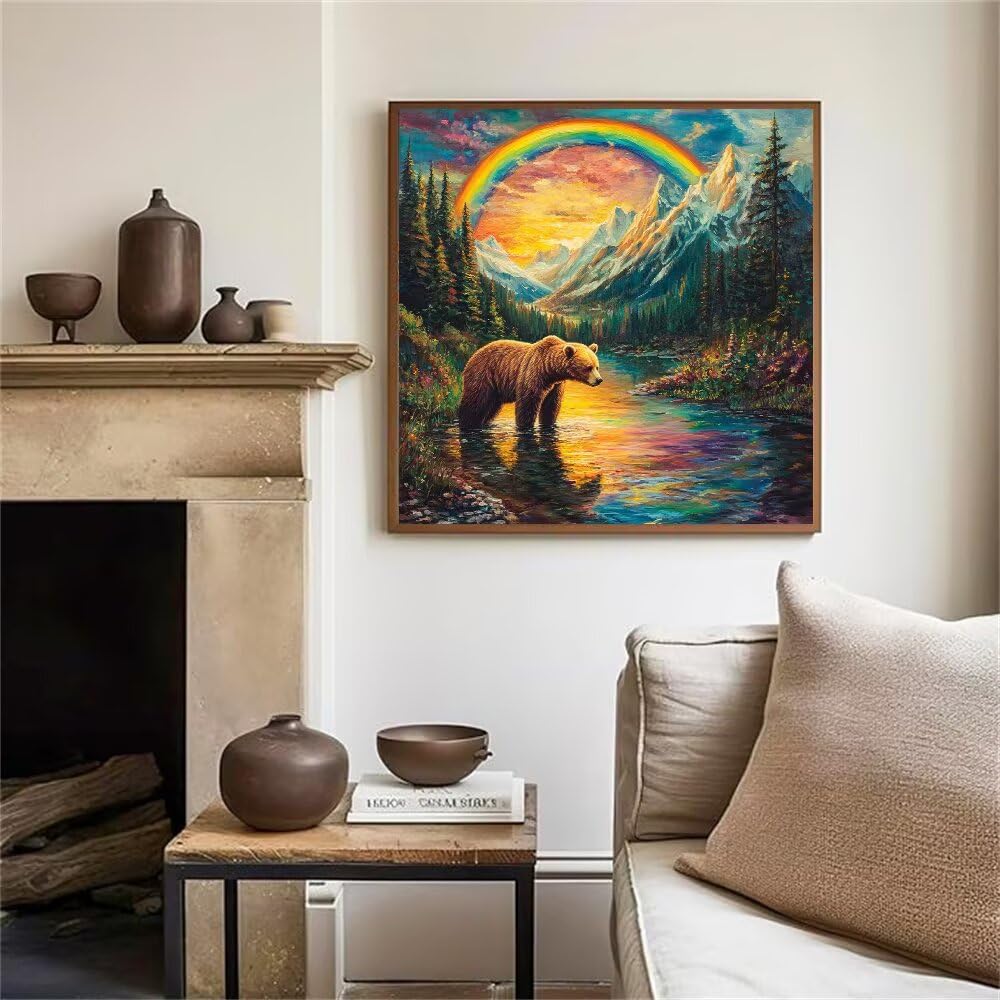 Malowanie numeru dla dorosłych niedźwiedź, zrób to sam numer malowania dla początkujących 60x60cm z ramą, kreatywne hobby dorośli malowanie numerami akrylem i pędzlami, prezent dla kobiet do dekoracji