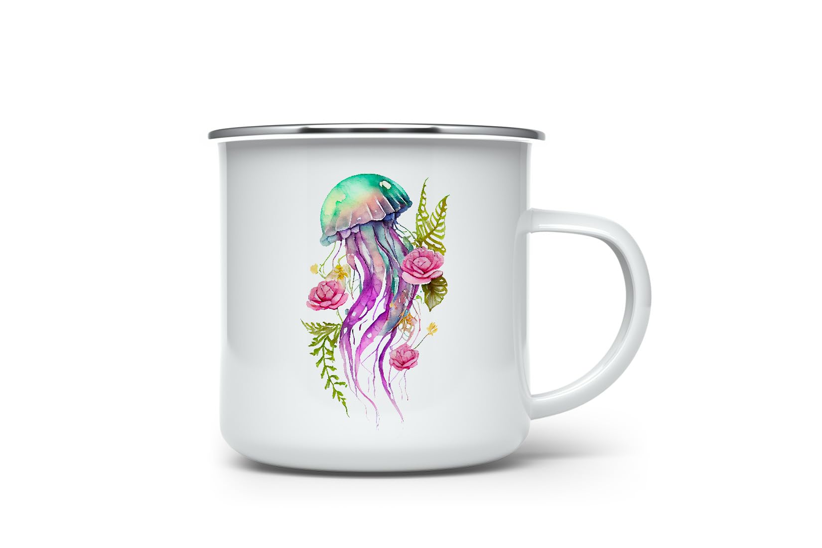 MAXIKIWI - Durable Enamel Coffee or Tea Camping Mug for Indoor Outdoor Use - Jellyfish Watercolor - 350ml