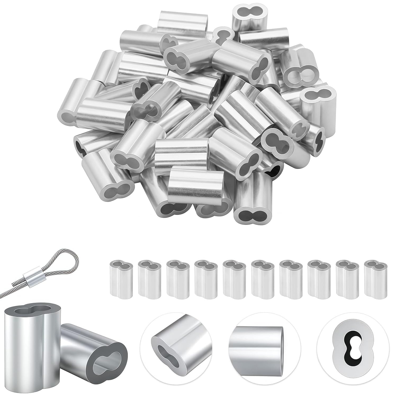 Mostantu 50Pcs 3/16''(5Mm) Aluminum Wire Crimping Loop Sleeve Wire Rope Sleeves Double Barrel Cable Ferrule For Cable Line End (5Mm)