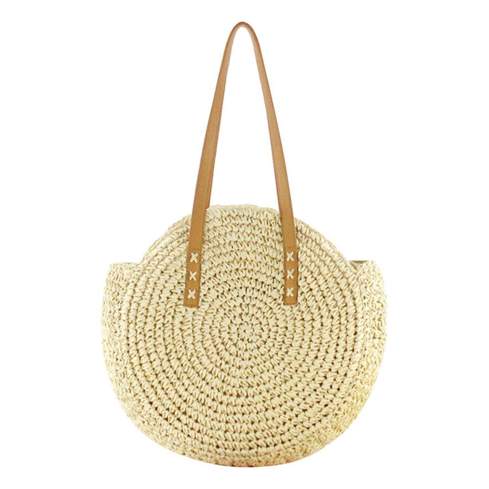 Copiel Bolso de Hombro de Paja Redondo Tejido a Mano Mujer de Verano Ratán Playa de paja Bandolera Bolso Informal Grande con Cremallera para Estilo Boho Viajes, Fechas y Vacaciones