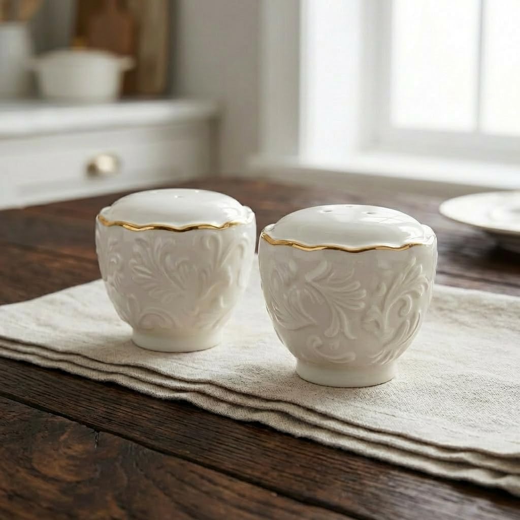 Embossed Porcelain Salt and Pepper Shaker Set with Gold Leaf Rim, Cream White, 2-Piece, 1.97 x 2.76 Inches