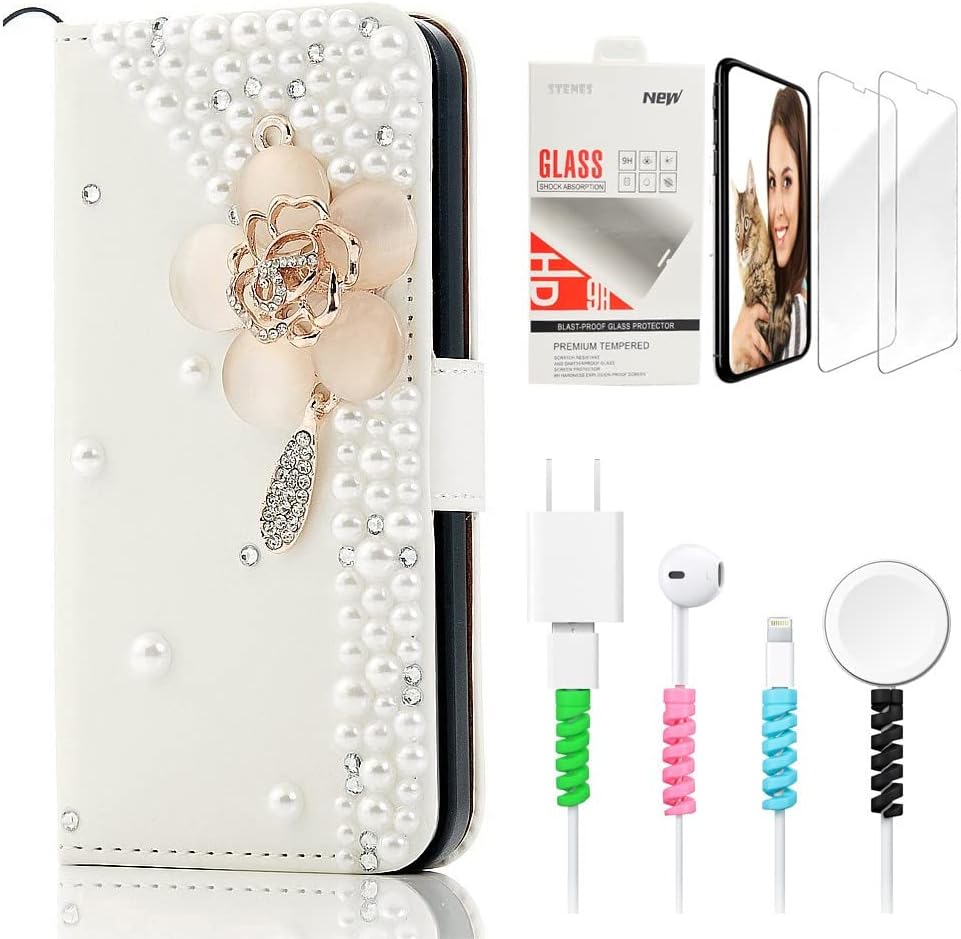 STENES Bling Wallet Phone Case Compatible with OnePlus Nord N10 5G Case - Stylish - 3D Handmade Leopard Flowers Design Leather Cover with Screen Protector & Cable Protector - Gold