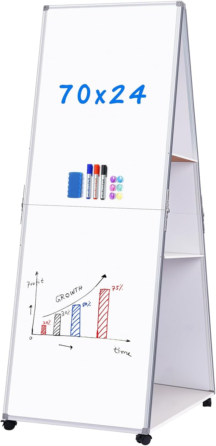 maxtek mobile whiteboard, 70x24 inches magnetic dry erase board on wheels with 3-tier storage shelf, big double-sided white board for home, schoole, office