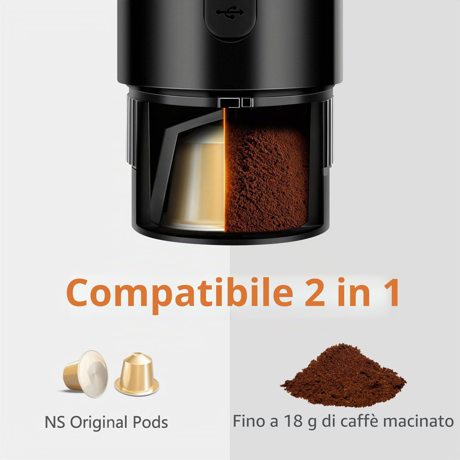 Macchina da Caffè Portatile, Serbatoio da 100 mL per Doppio Espresso, Protezione IPX5, 20 Bar, Compatibile con Capsule Nespresso Original e Caffè Macinato, per Auto, Campeggio e Ufficio