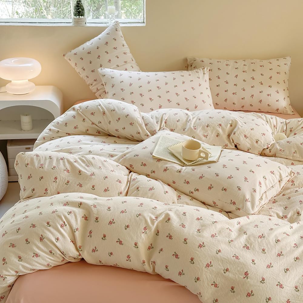 Covebett Pink Floral Duvet Cover Double Beige Pink Flowers Meadow Bedding Set Kids Girls Kawaii Botanical Washed Microfiber Comforter Cover 200x200 cm with Zipper Closure and 2 Pillowcases 50x75 cm โ image 1